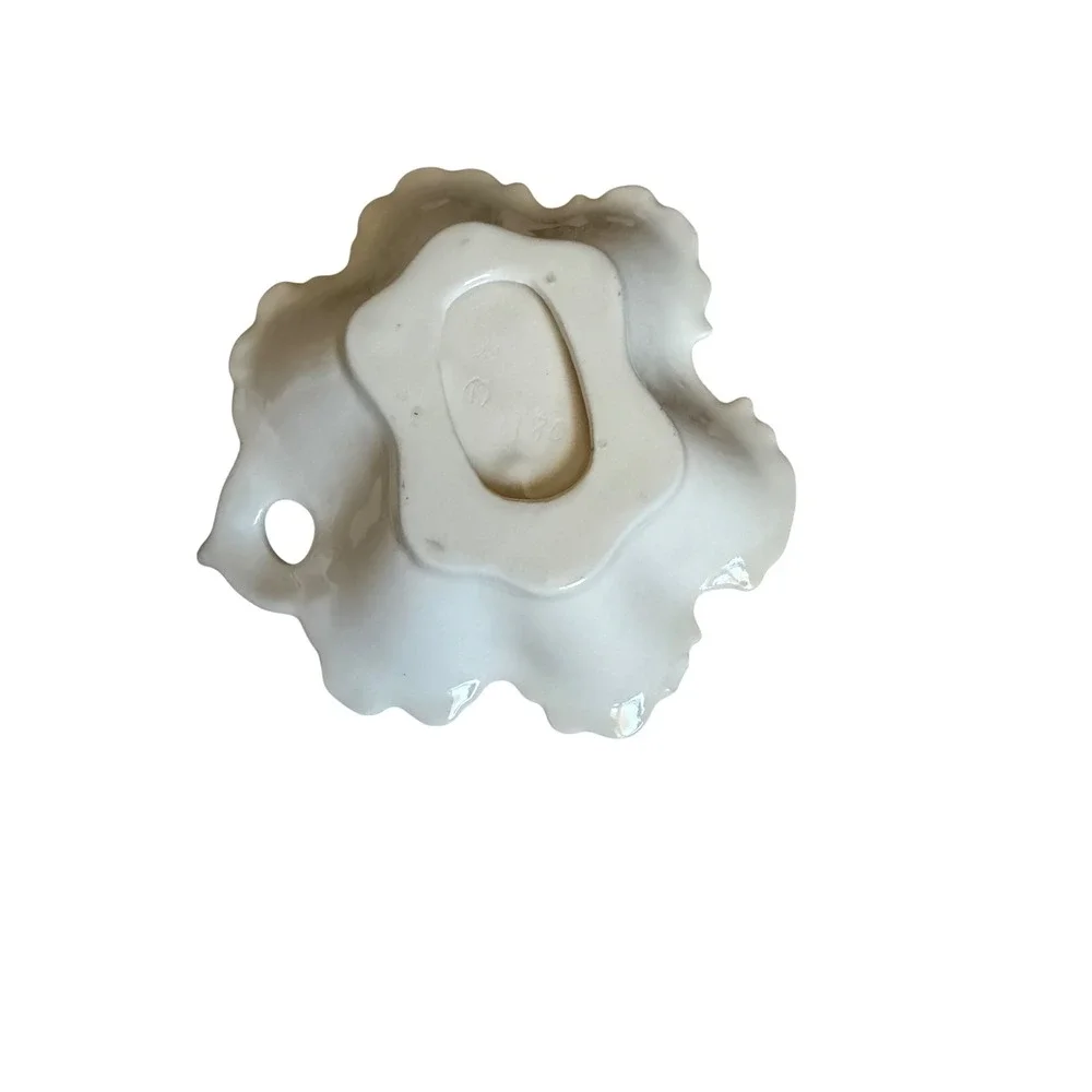 Vintage Ruffled Ceramic Trinket Dish Blue Floral Hand Painted Candy Bowl Handle